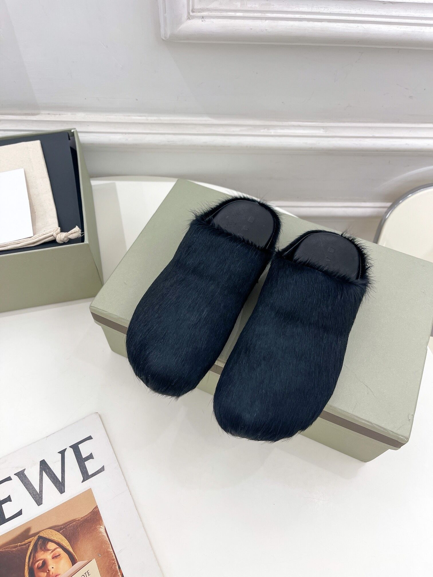 marni calf hair slippers-black